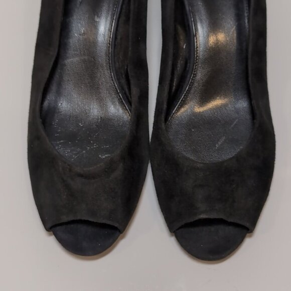 Franco Sarto Suede Leather Pumps Black Peep Toe Block Heels Size 10 - Picture 3 of 11